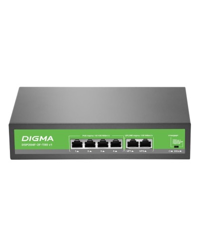 DSP204F-2F-T80 DSP204F-2F-T80 V1 (L2) 6х100Мбит/с 4PoE 4PoE+ 80W. Коммутатор с питанием по PoE. Digma в Оренбурге