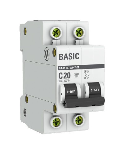 Автоматический выключатель 2P 20А (C) 4,5кА ВА 47-29 Basic (mcb4729-2-20C). Автоматический выключатель. EKF в Оренбурге