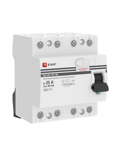 УЗО ВД-100 4P 25А 30мА тип AC эл-мех  PROxima (elcb-4-25-30-em-pro). Выключатель дифференциального тока (УЗО). EKF в Оренбурге