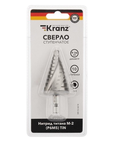 Сверло по металлу ступенчатое ТИТАН 9,0-36,0 мм 110 mm 65 HRC Р6М5 TiN Kranz (KR-12-6614): Сверло по металлу шлифованное в Оренбурге