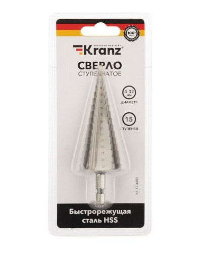 Сверло по металлу ступенчатое 4,0-32,0 мм 102 mm 62 HRC Kranz (KR-12-6603): Сверло по металлу шлифованное в Оренбурге